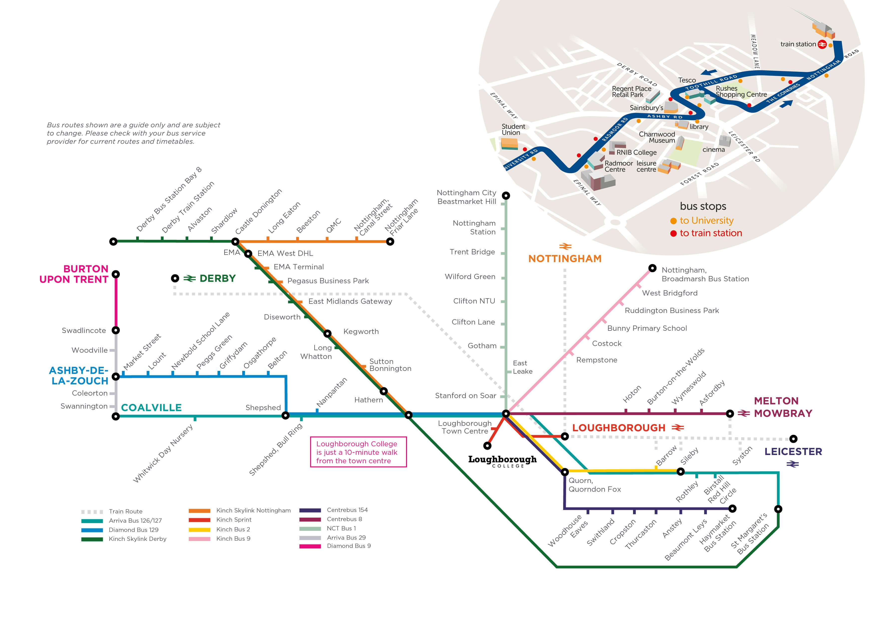 A map of bus routes to Loughborough College.