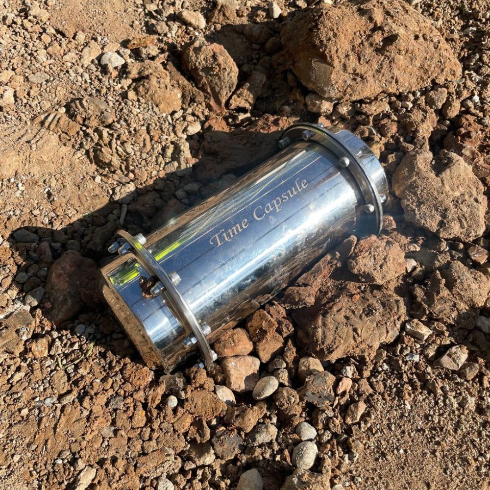 A close up of the time capsule