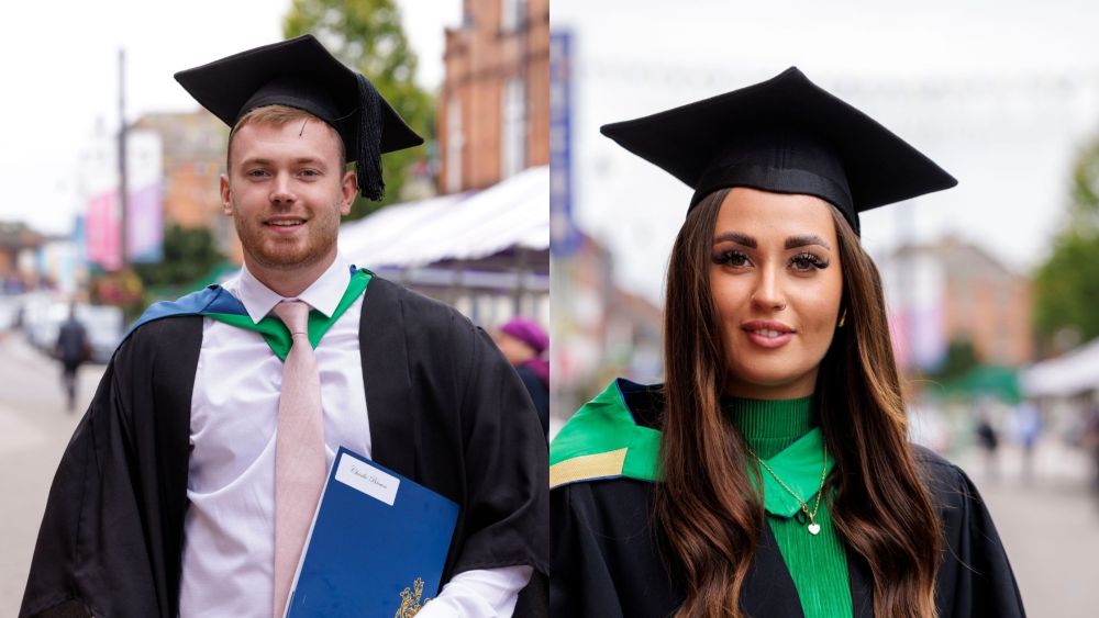 A collage of two pictures. On the left, Charlie a young man wears his mortarboard cap and graduation gown. He is holding his degree certificate. On the right, Tiga is a young woman with long brown hair. She is wearing her cap & gown and her dress is green