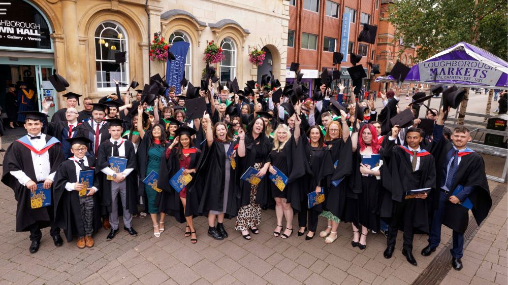 Graduates celebrate outside Loughborough Town Hall