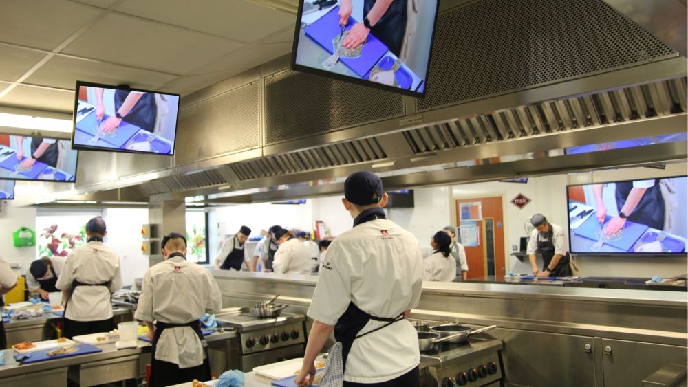 Student chefs at work in the new Radmoor Restaurant kitchens.